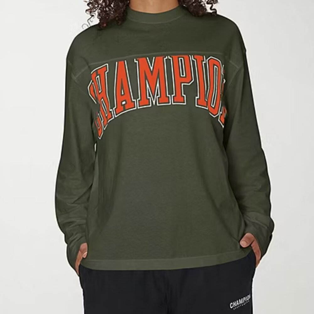 Champion Men's Green Crew Neck Long Sleeve Regular Fit Graphic T-Shirt, 2XL NEW